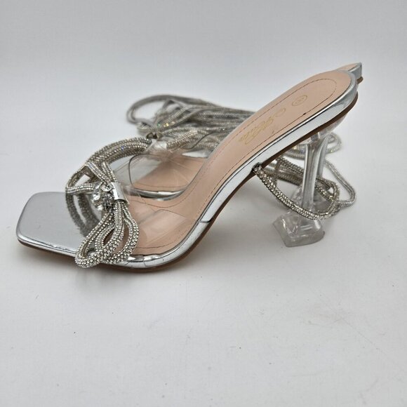 Mata Silver Lace Up Bow Square Toe Heels Womens 8 Martini Heel Clear Sparkle EUC - Picture 4 of 9